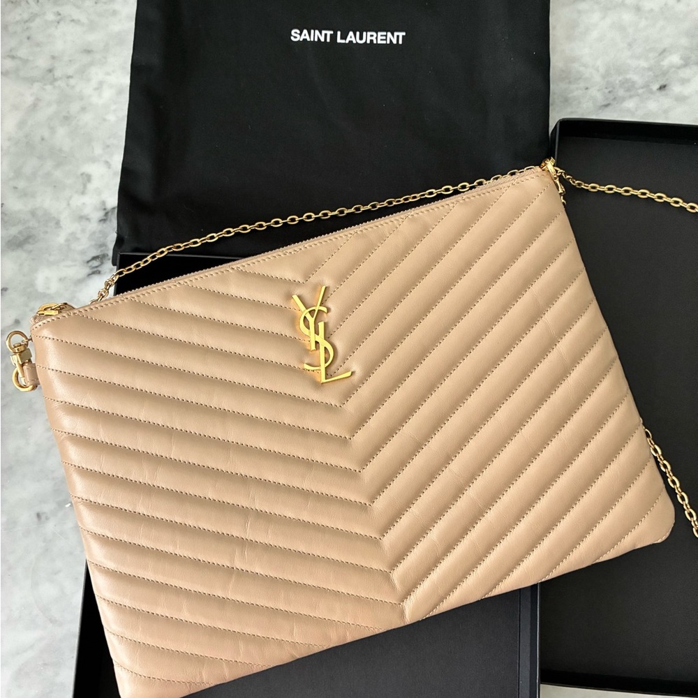Authentic Yves Saint Laurent Tan Quilted Clutch with Gold Chain